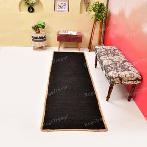 Jute Schwarz Treppenläufer, Schwarz Beige Natürlicher Jute Läufer, Flur Läufer, Weicher Teppich Läufer, Ergonomischer Nachtteppich, Boho Badläufer