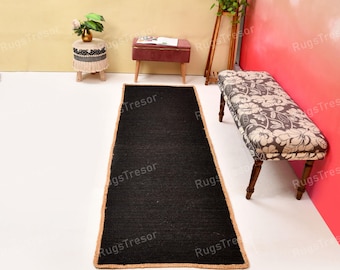 Jute Black Stair Runner, Black Beige Natural Jute Hallway Runner 2X8 ft, Soft Entryways Rug Runner, Ergonomic Bedside Rug, Boho Bath Runner