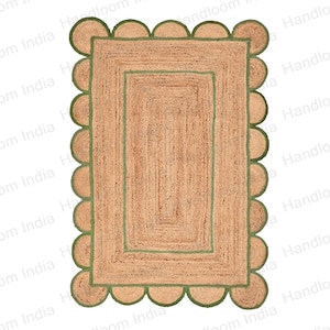 Bottle Green Scalloped Rug, Scalloped Jute Rug, Scalloped Rug for living Area, Braided Jute Rug, Eco Friendly Rug, Jute Hallway Runner 3x10