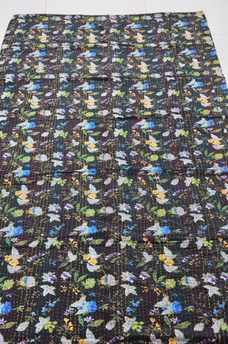 Black Floral Kantha Quilt Queen Size Indian Kantha Bedspread Blanket Boho Kantha Throw Fair Trade Kantha Bedding Coverlet Indian Quilt