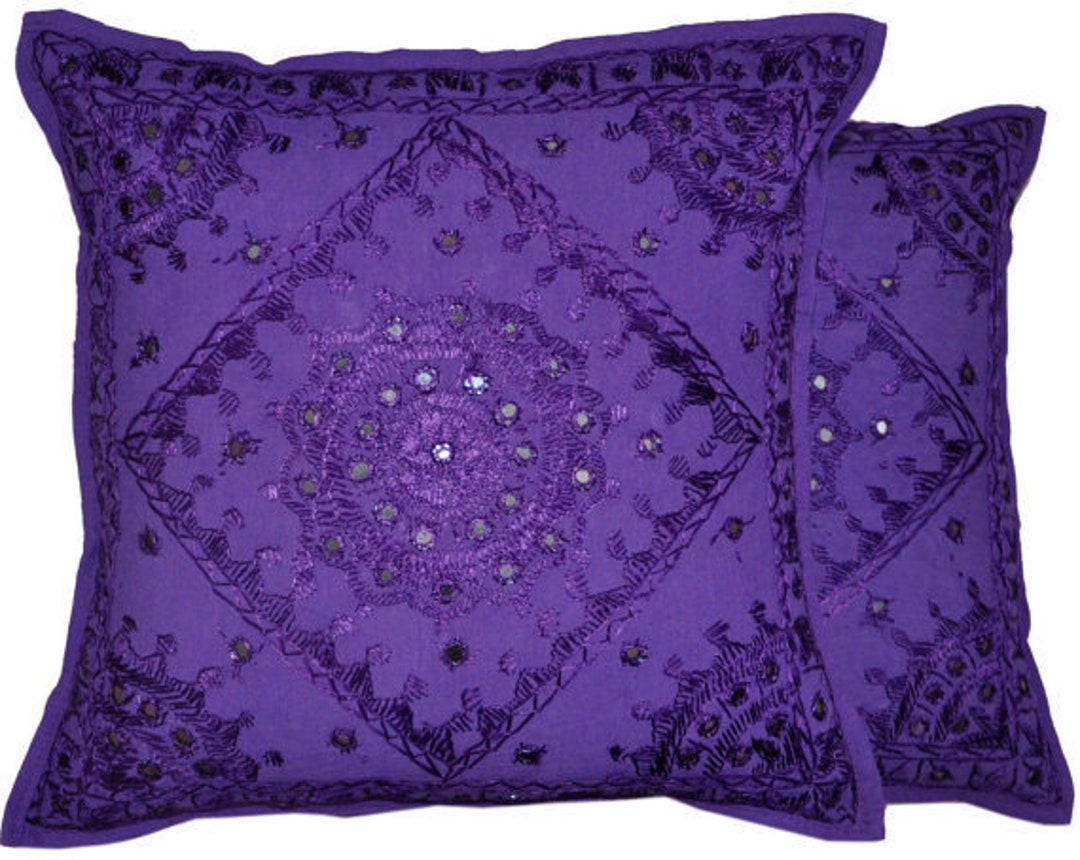 2 Pc Embroidered Mirror Work Cushion Covers Bohemian Purple Etsy