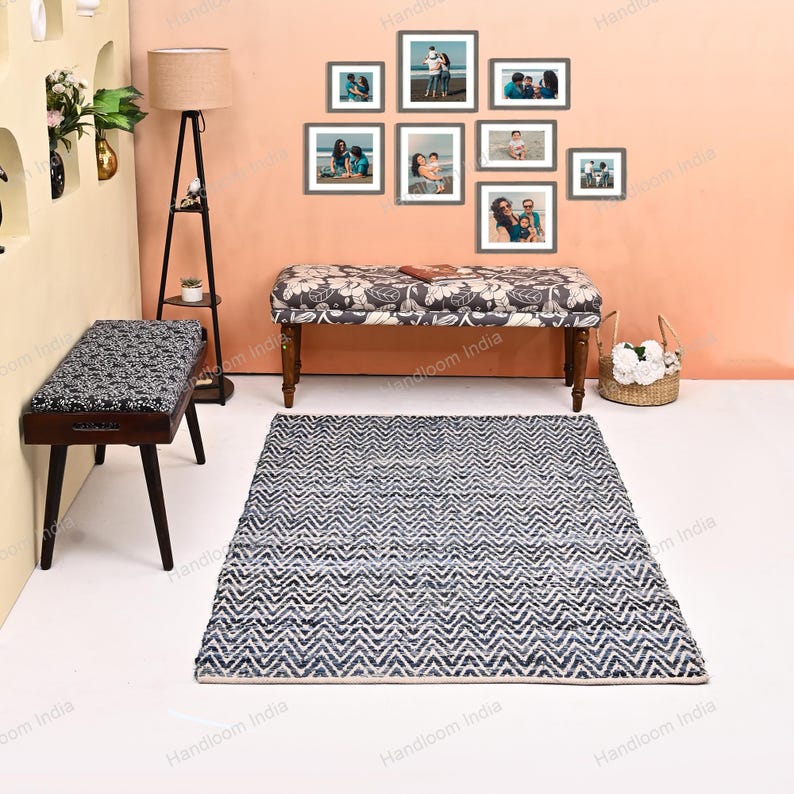 Hand Loomed Rug, Denim Tufted Rug, Woven Scandinavian Rug, Blue Braided Rug, Denim Rug, 5x7 Hand Knotted Rug for Living Area, Hallway Runner image 2