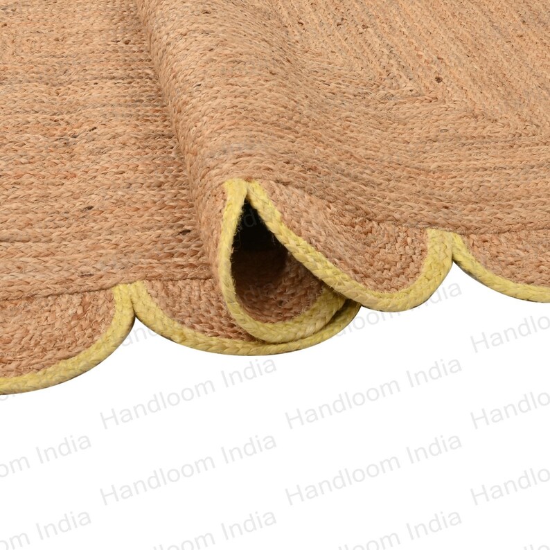 Yellow Scalloped Rug, Jute Scallop Rug, Custom Size Rug, Boho Decor