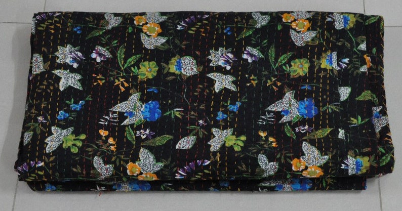 Black Floral Kantha Quilt Queen Size Indian Kantha Bedspread Blanket Boho Kantha Throw Fair Trade Kantha Bedding Coverlet Indian Quilt