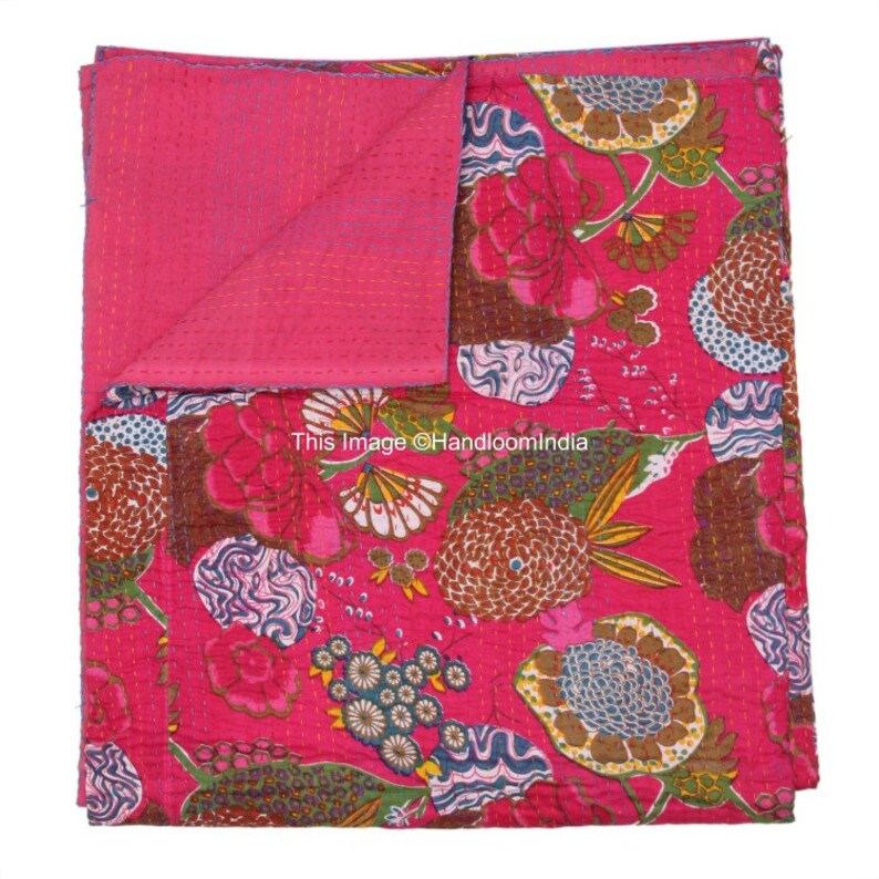 Pink Fl Kantha Quilt Queen Size Bed Cover Indian Image 0