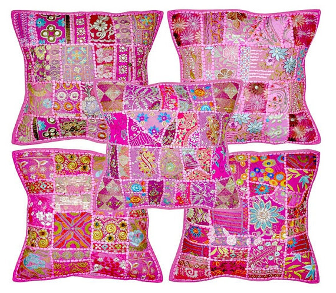 5pc Pink Bohemian Pillow Indian Patchwork Pillow Cushion Cover Etsy