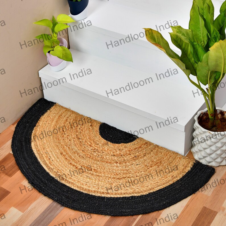 Beige & Black Natural Fiber Half Round Rug for Welcome Door 4 feet, Braided Kitchen Door Mats, Half Circle Staircase Rug, Entrance Gate Rugs