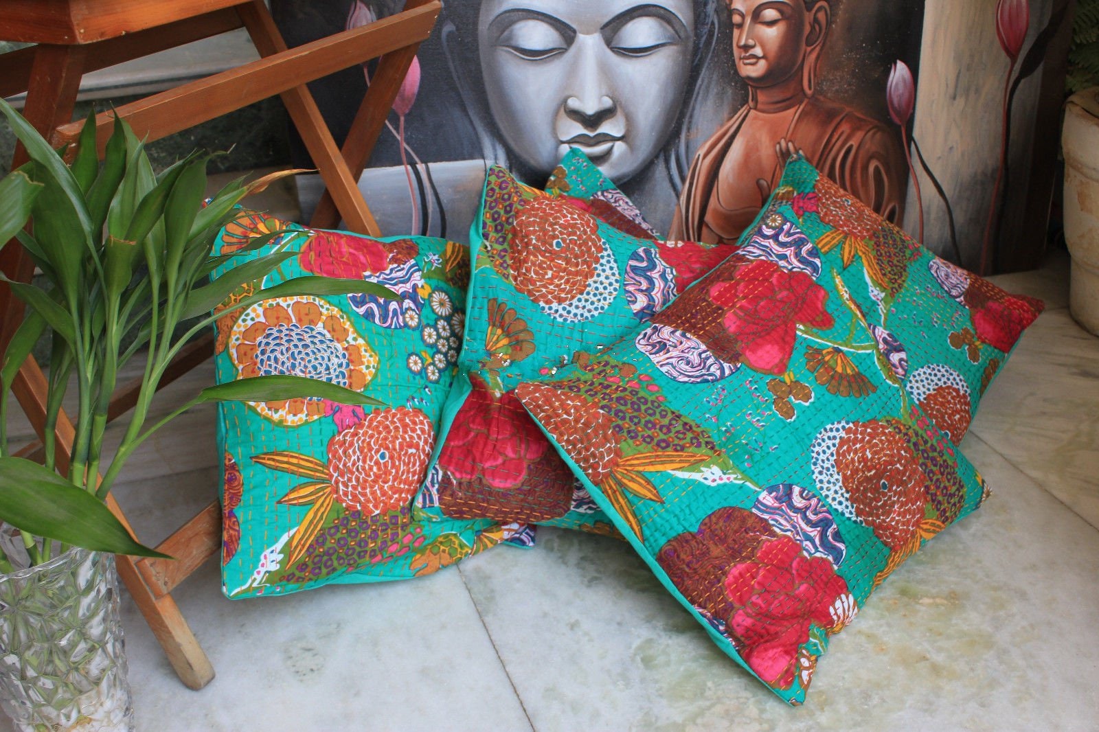 16 Turquoise Green Kantha Throw Pillows Indian Handmade Etsy