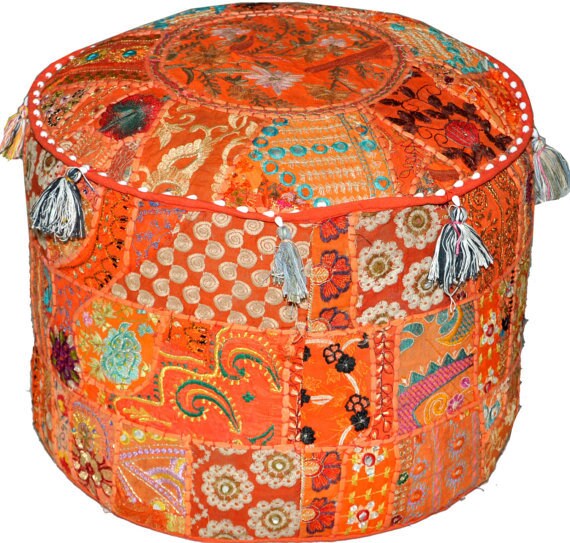 Indian Round Patchwork Embroidered Ottoman Pouf Bohemian Indian Decorative Patchwork Ottoman Pouf,Home Living Room Vintage Pouf Size 14 X 22 X 22 Inches Embellished Ottoman Stool Pouf Cover,Home Decor 
