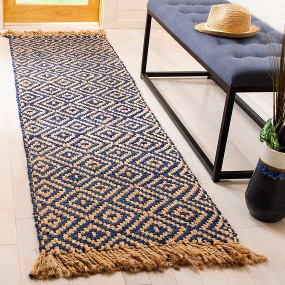 Navy Blue & Natural Jute Hallway Runner 2.5 X 10 Feet Etsy