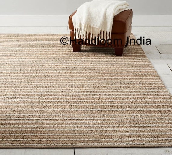 Natural Jute and White Striped Pattern Living Room Rugs Carpet 4 X 6 Feet,  Braided Bedroom Area Rug 4 X 4 Ft, Soft Dining Room Rugs 3 X 8 Ft 