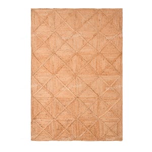 Könnte beinhalten: Rechteckiger Jute-Teppich in Naturtönen mit einem geometrischen Rautenmuster. Das Design besteht aus miteinander verbundenen Rautenformen, die eine strukturierte Oberfläche erzeugen. Der Teppich eignet sich für verschiedene Einrichtungsstile.