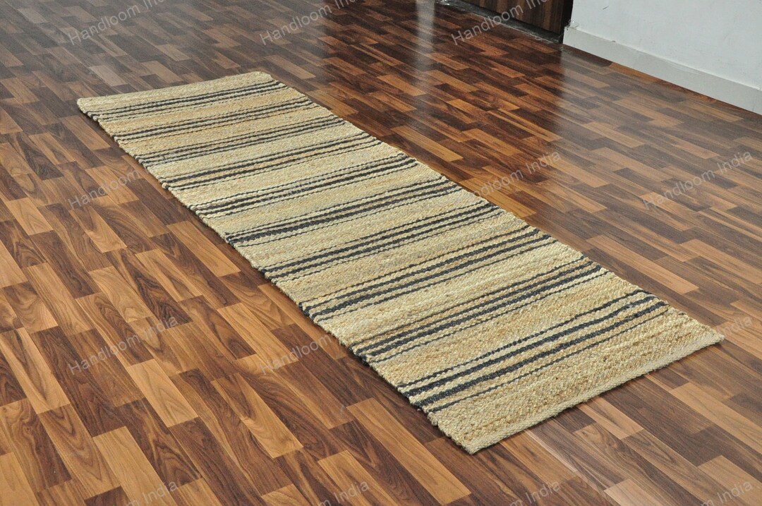 Stripped Pattern Natural Jute Hallway Runner 2.5 X 14 Ft, Handwoven