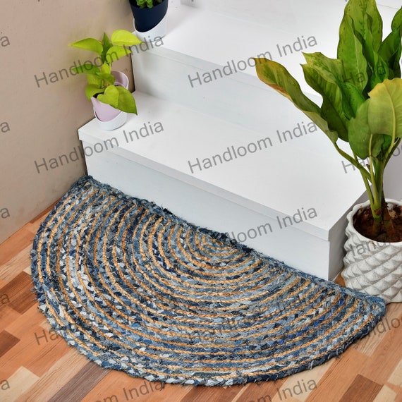 Boho Decor Fußmatte, Denim Jute Fußmatte, halbrunde Fußmatte, Halbmond Teppich, Halbkreis Teppich, Teppich für Kamin, Denim getuftete Fußmatte