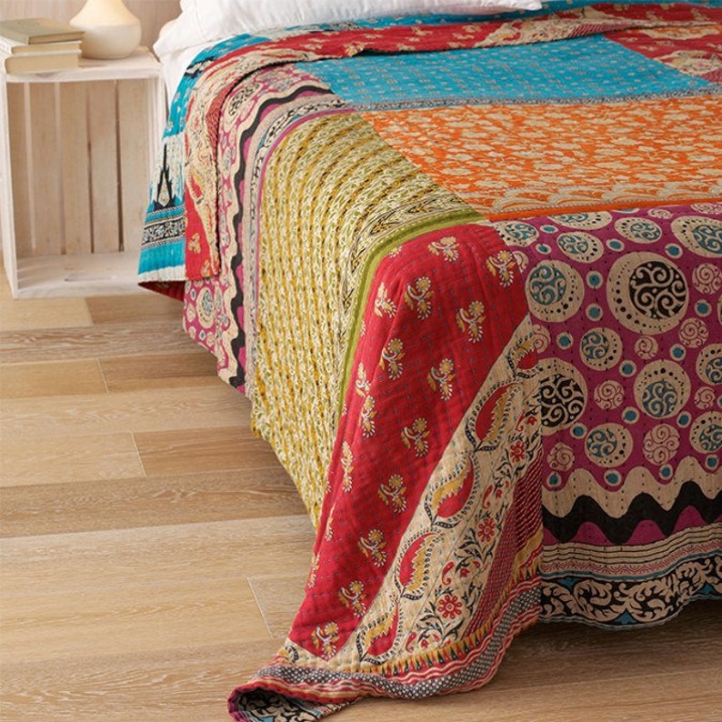 King Size Patchwork Kantha Quilt King Kantha Bed Cover King Etsy