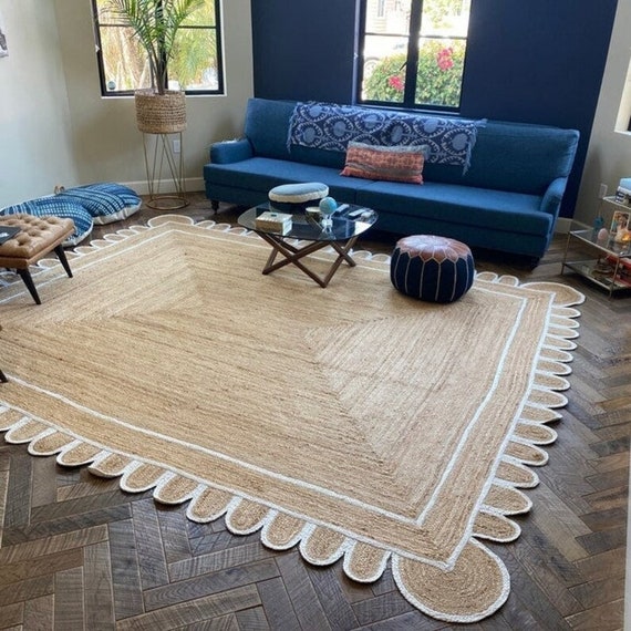 9x12 Extra Large Rug, Jute Bath Rug, White Scalloped Rug for Living Room,  4x6 Dining Area Rug, Square Scalloped Rug, White Hallway Runner 