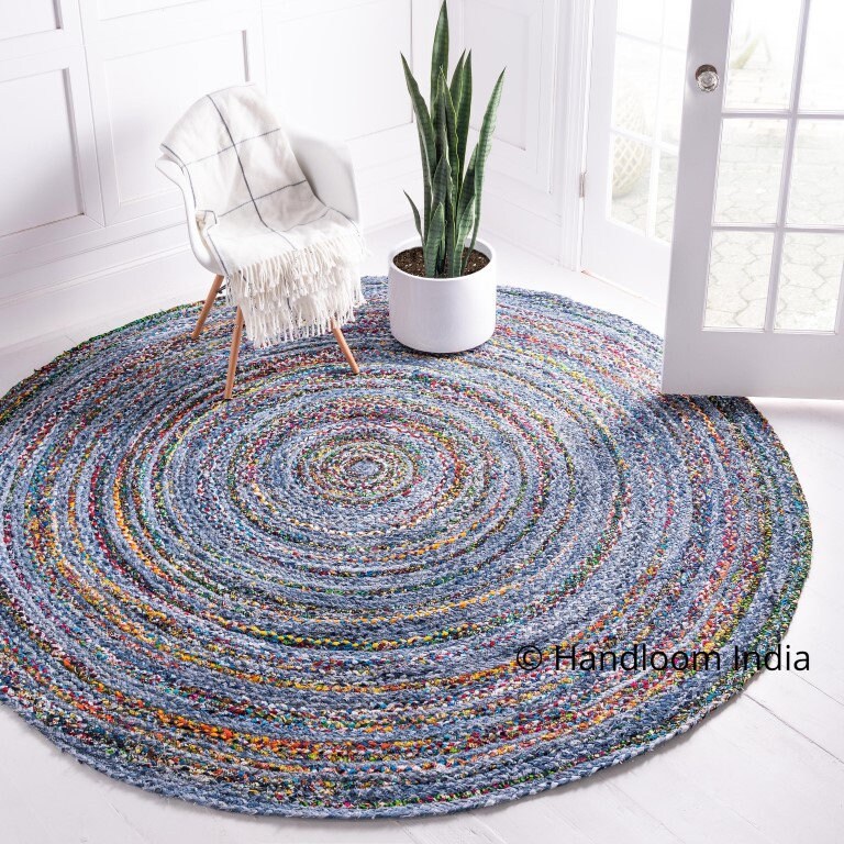 Vibrant Hand Braided Cotton-Jute-Denim Chindi Reversible Area Rugs Multi Color Vibrant Hand Braided Cotton-Jute-Denim Chindi Reversible Area Rugs Multi Color