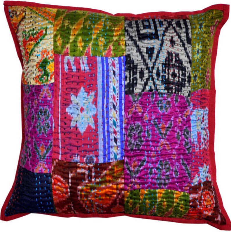 Set Of 5 Silk kantha Pillow Cover Decorative Silk Kantha throw Etsy