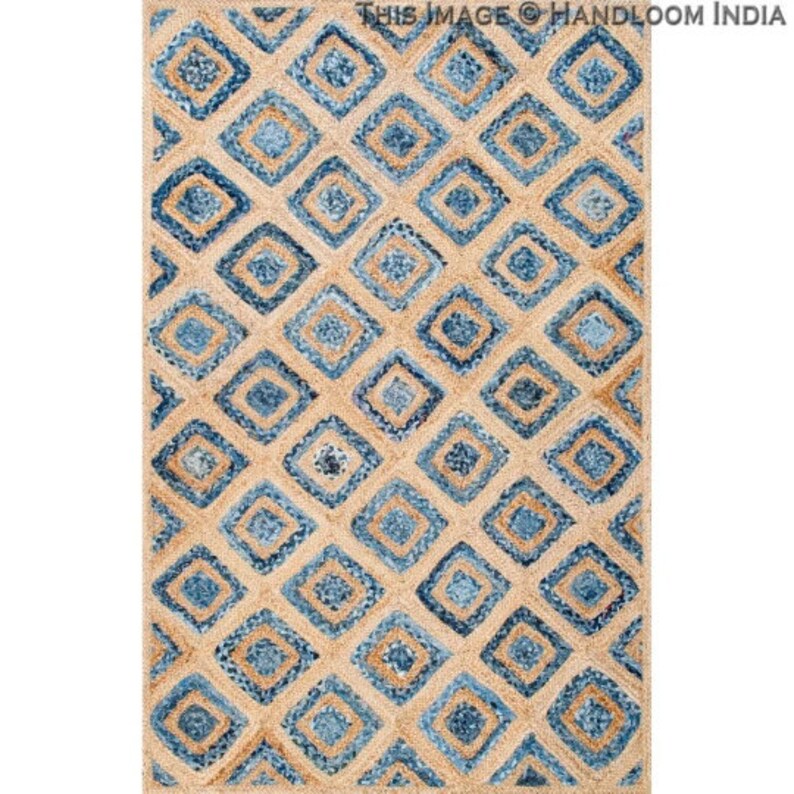 Denim Jute Rug Geometric Rug Diamond Pattern Runner Soft Etsy