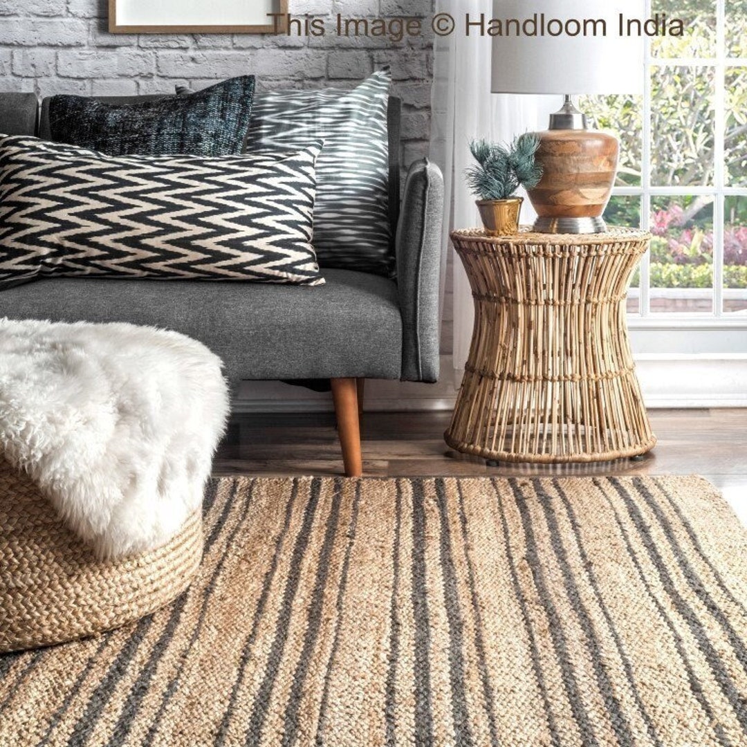 Gold Black Cotton Jute High Quality Striped Jute Rugs Handmade Jute  Bohemian Handwoven Rug Customize in Any Size. 