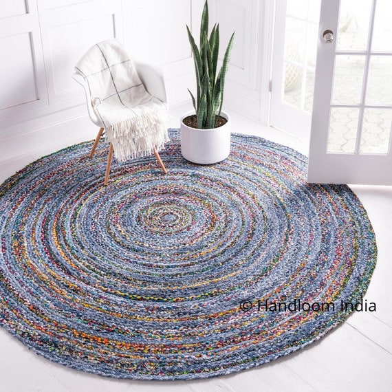 Handmade Braided Chindi Area Rug Boho Living Room Solid Round Etsy