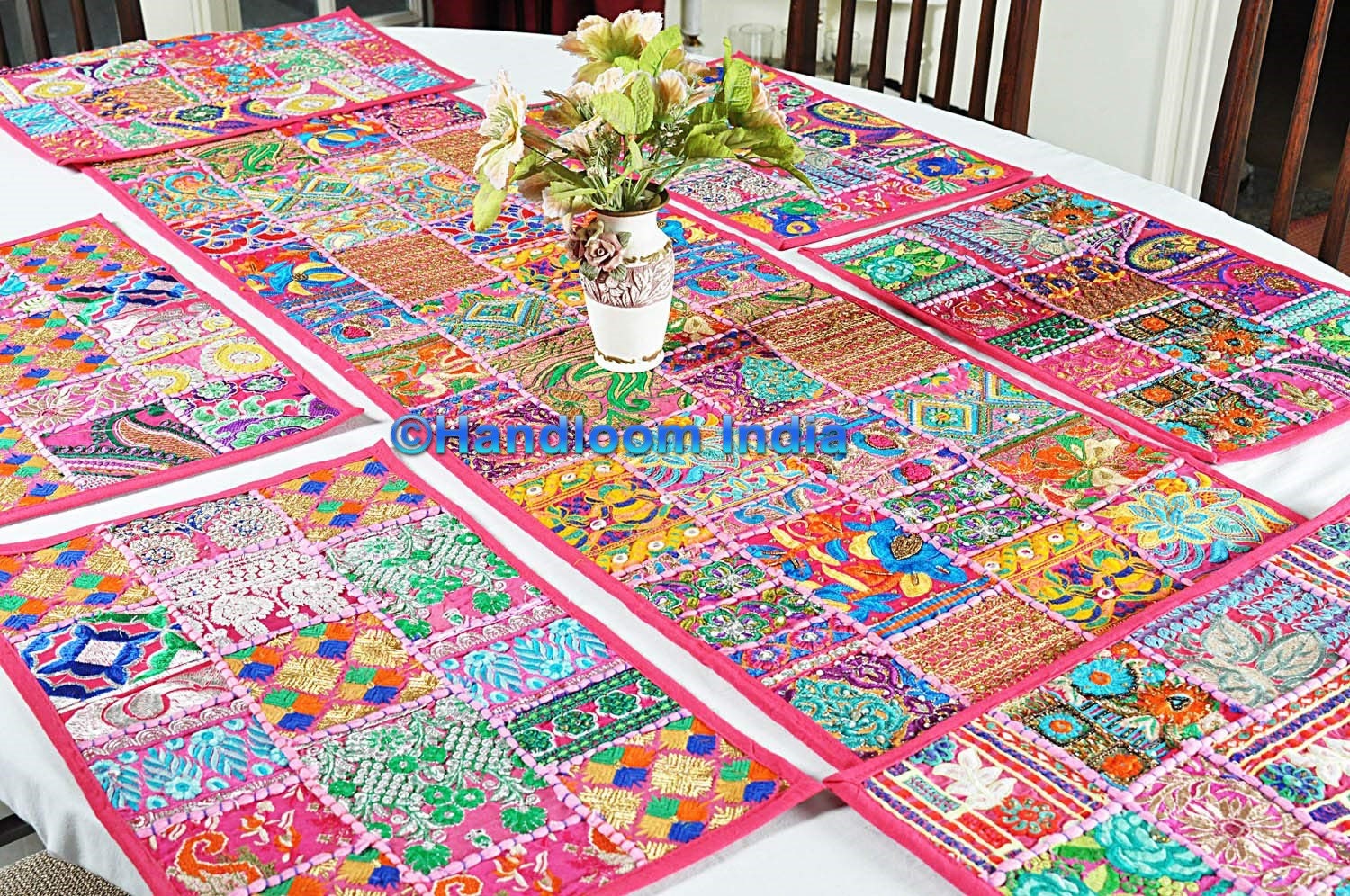 Indian Cotton Patchwork Table Runner Embroidered Dining Table Tapestry 60"x18"In