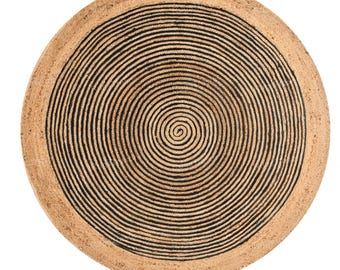 May include: Round jute rug with a spiral black design. The rug has a natural tan color with a black spiral pattern in the center. The rug is a decorative floor covering.