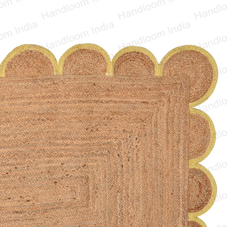 Yellow Scalloped Rug, Jute Scallop Rug, Custom Size Rug, Boho Decor