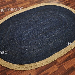 Navy Blue Oval Rug, Jute Oval Rug, Braided Oval Rug, Handwoven Jute Rug, Natural Fiber Oval Rug, Hemp Oval Rug 4x6, Rug for Kitchen 3X5