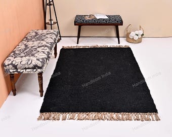 Geflochtener Juteteppich, Juteteppich 150x250, Schwarzer Juteteppich, Geflochtener Hanfteppich, Moderner Teppich, Pflanzlicher Teppich