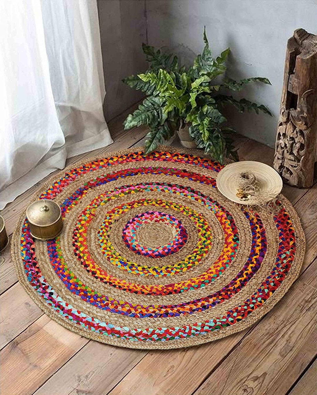 Braided Chindi Jute Round Area Rugs 4 X 4 With Free Shipping - Etsy