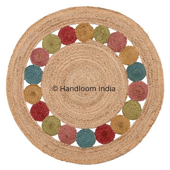 Jute Rug Rag Braided Round Tation Mat Bohemian Area 4 Feet Diameter 48 Inches
