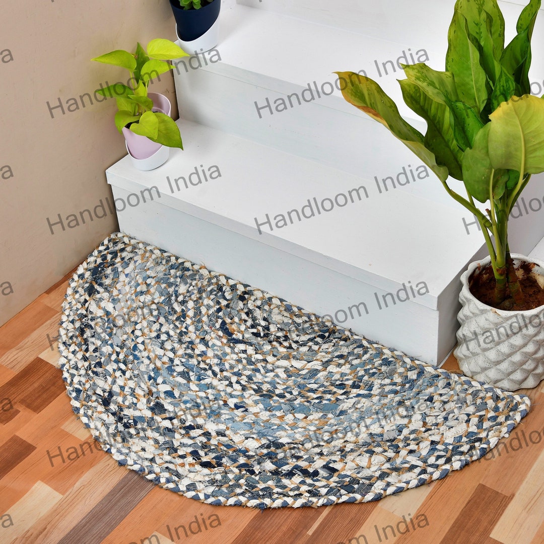 Denim Jute Doormat, Half Round Denim Rug, Braided Kitchen Rug, Entryway