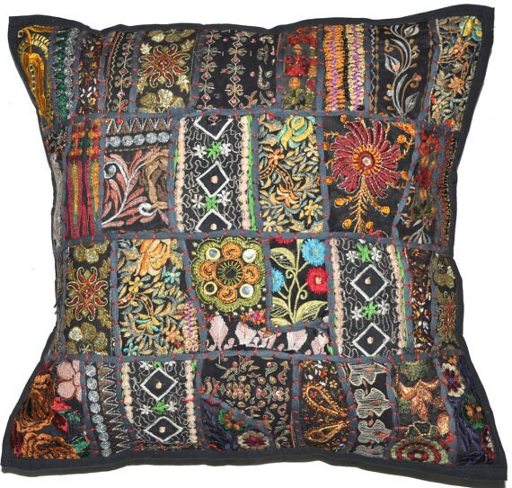 20x20 Black Decorative Throw Pillow for Couch Indian Patchwork Etsy