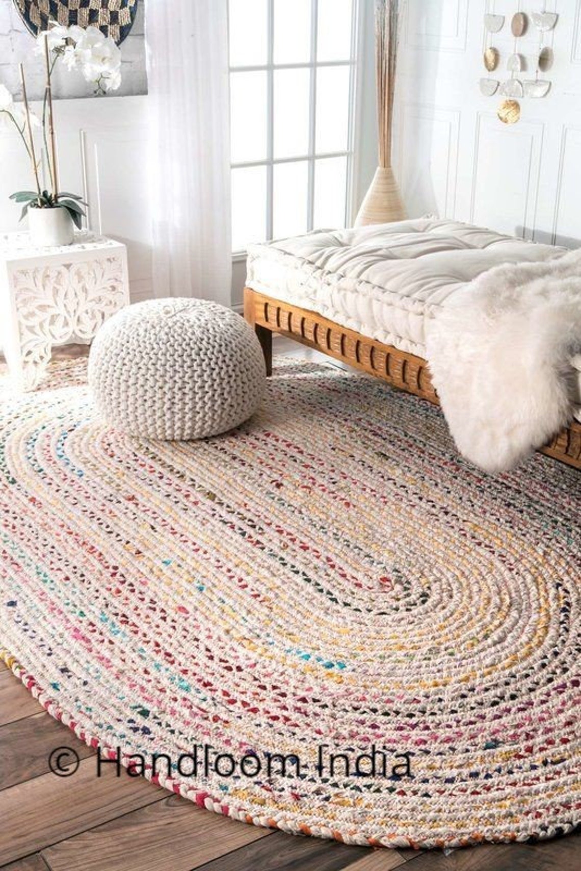 Indian Rag Rugs Hand Braided White Chindi Rugs Oval Shape Etsy