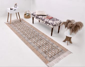 Non Slip Kitchen Rug, Washable Cotton Rug, Washable Runner for Stairs/Hallway/Entryway, Home Washable Runner, Hand Block Print Rug, Bath Rug