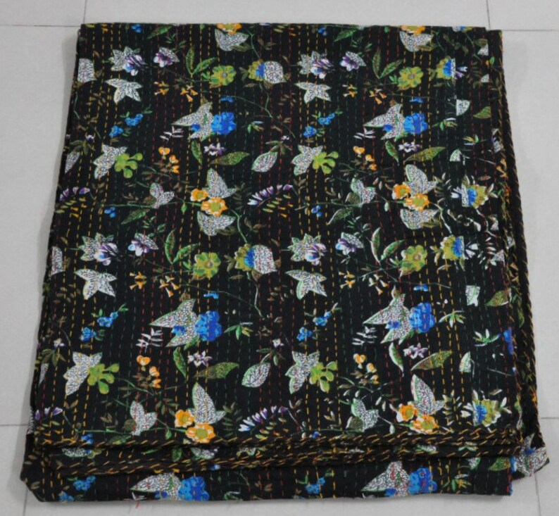 Black Floral Kantha Quilt Queen Size Indian Kantha Bedspread Blanket Boho Kantha Throw Fair Trade Kantha Bedding Coverlet Indian Quilt