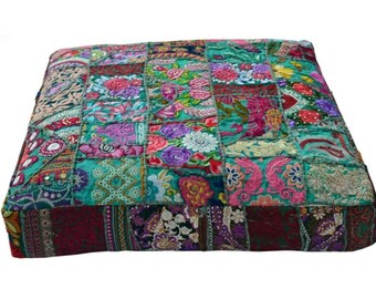 Indian Green Patchwork Large Floor Ottoman Pouf Cushion Pillow Cover Square Pet