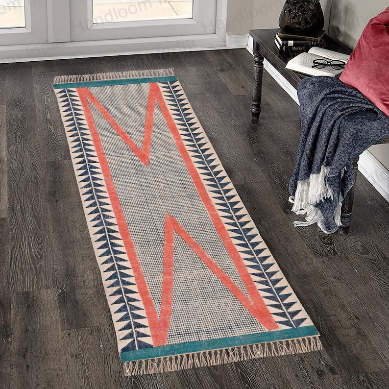 Washable Runner Rug, Cotton Washable Rug, Rug for Hallway, Customize Cotton Rug, Organic Dye Rug, Block Print Runner, Machine Washable Rug