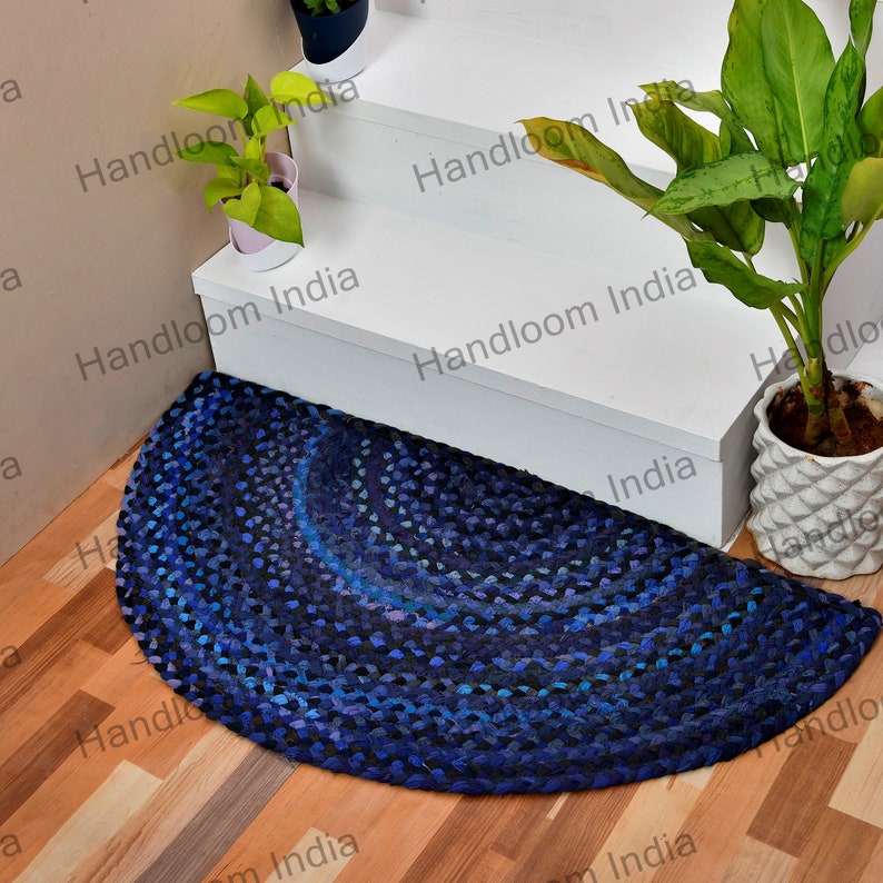 Blue Cotton Doormat, Half Moon Rug, Half Circle Rug, Blue Chindi Rug ...