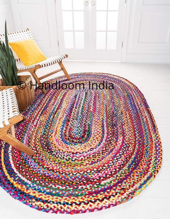Oval Hand Braided Chindi Rug Runner Hand Woven Recycled Cotton