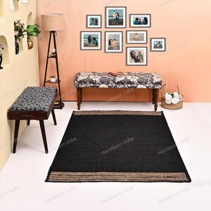 Black Jute Rug Runner, Black Carpet for Hall/Entryway, Extra Jute Area Rug, Jute Runner for Kitchen, Woven Jute Rugs for Bedroom 5X5