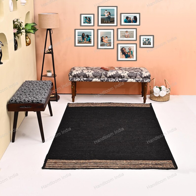 Black Jute Rug Runner, Black Carpet for Hall/Entryway, Extra Jute Area Rug, Jute Runner for Kitchen, Woven Jute Rugs for Bedroom 5X5