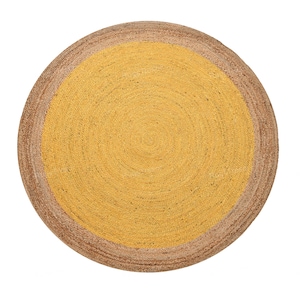 May include: Round jute rug with a yellow center and a natural brown border. The rug has a woven texture and a concentric circular design. This rug is suitable for indoor use and adds a touch of natural style to any room.
