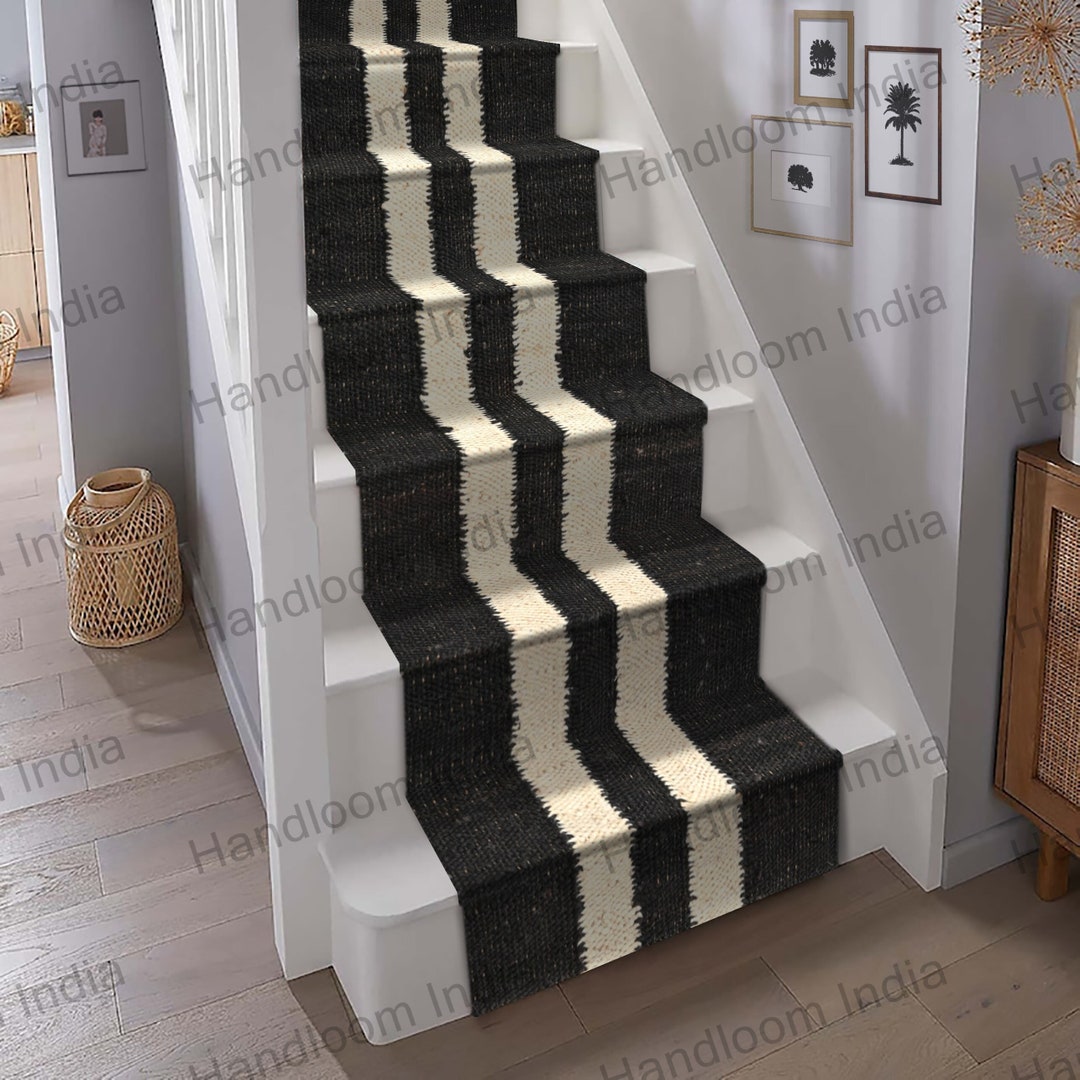 Jute Stairs Runner, Black White Runner, Yoga Mat, Stair Treads Rug