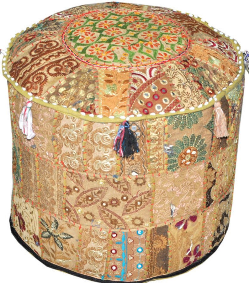 Bohemian Indian Pouf Ottoman in Beige Khaki tufted ottoman Etsy