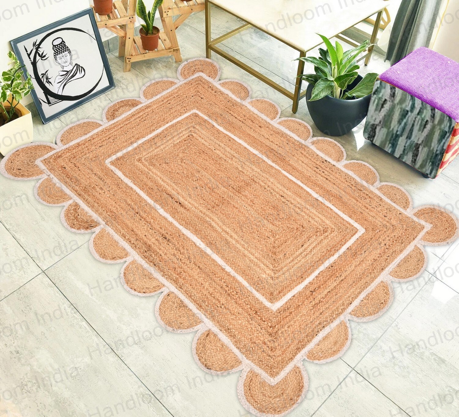 9x12 Extra Large Rug Jute Bath Rug White Scalloped Rug for Etsy UK