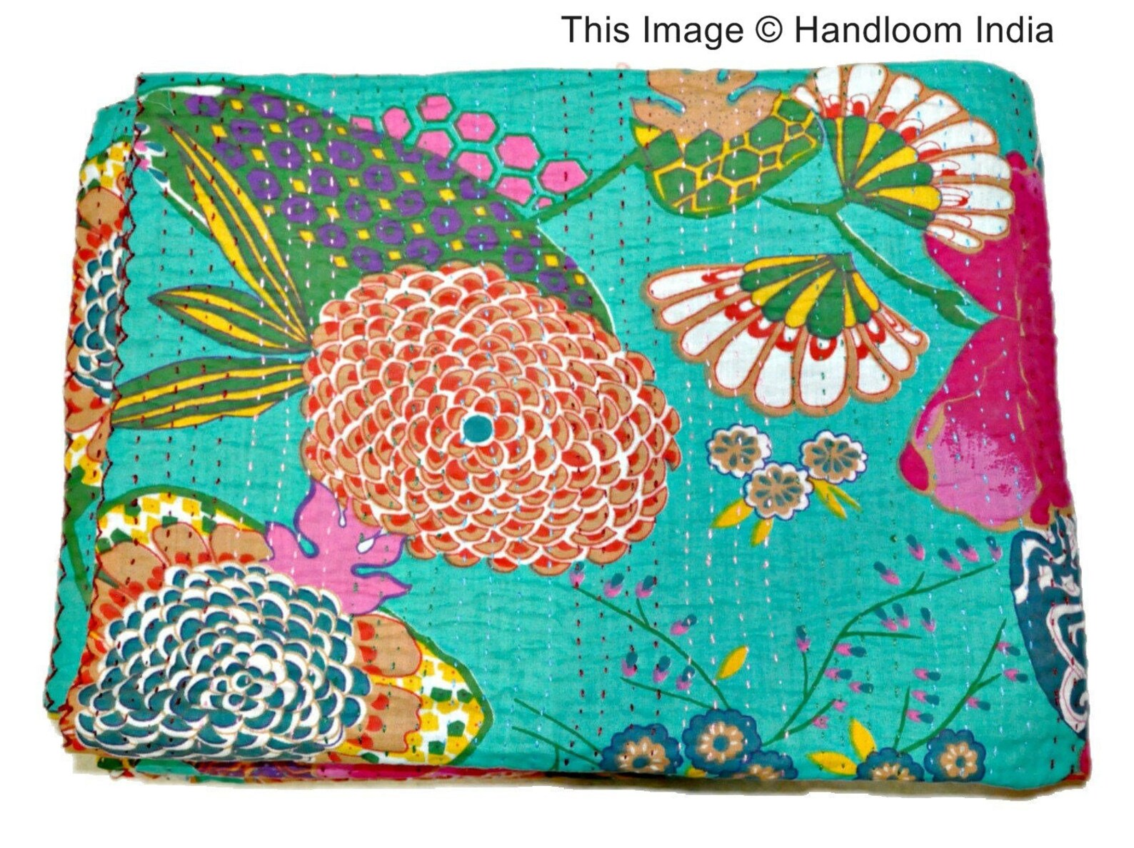 Turquoise Green Kantha Quilt In Queen Size Tropical Kantha Etsy