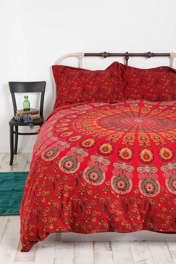 Red Mandala Bedding Set Queen Handmade Duvet Cover With 2 Etsy