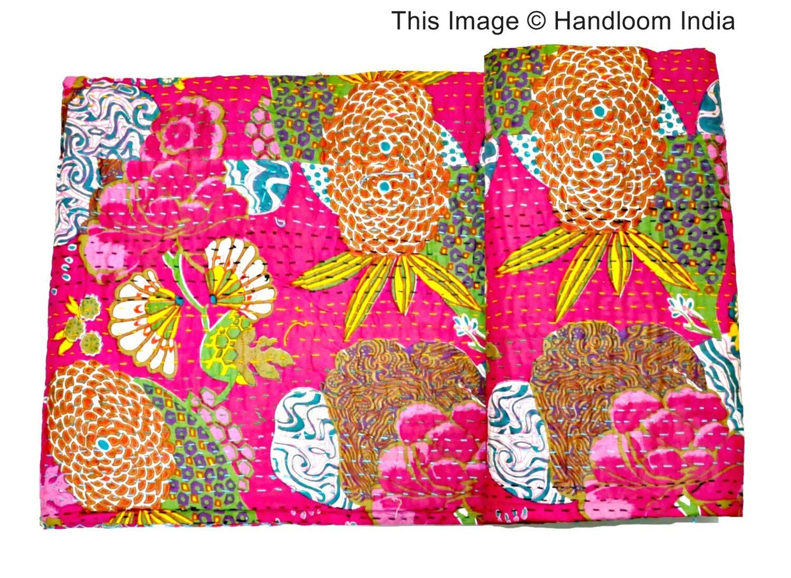 Pink Floral Kantha Quilt Throw Queen Size Kantha Bed Cover Etsy